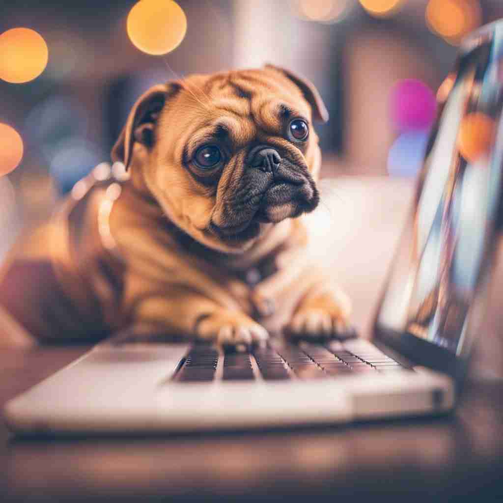 A pug dog sitting on top of a laptop featuring AI plugins.