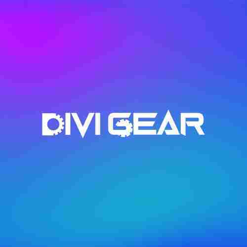 Divi gear logo on a blue and purple background.