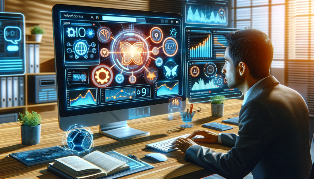 Businessman analyzing futuristic data on computer screens.