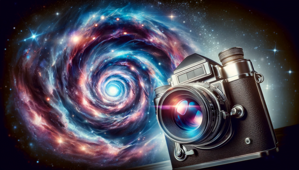 Vintage camera with cosmic galaxy swirl background.