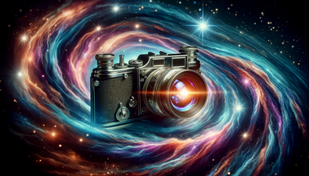 Vintage camera merging with cosmic galaxy swirls.