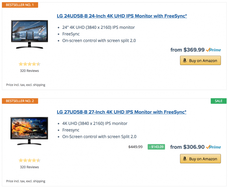 4K IPS monitors with FreeSync, customer ratings, and prices.