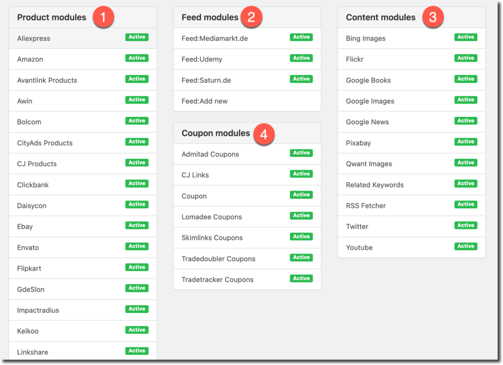 Screenshot of various active digital marketing modules.