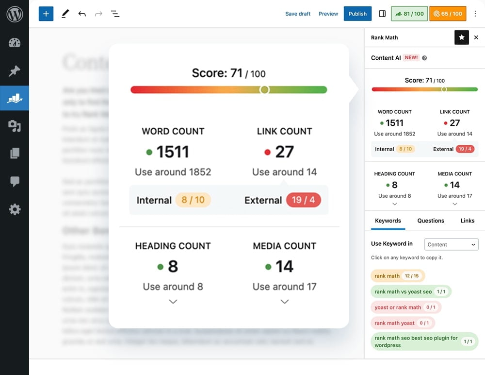 SEO analytics dashboard with scoring metrics.