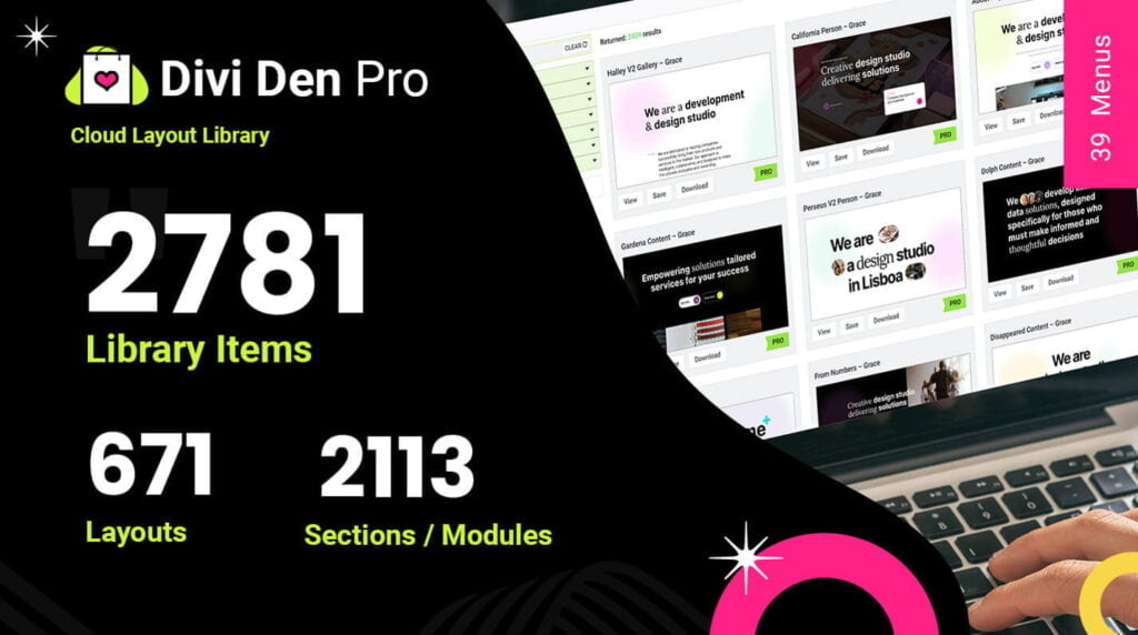 Divi Den Pro layout library advertisement graphic.