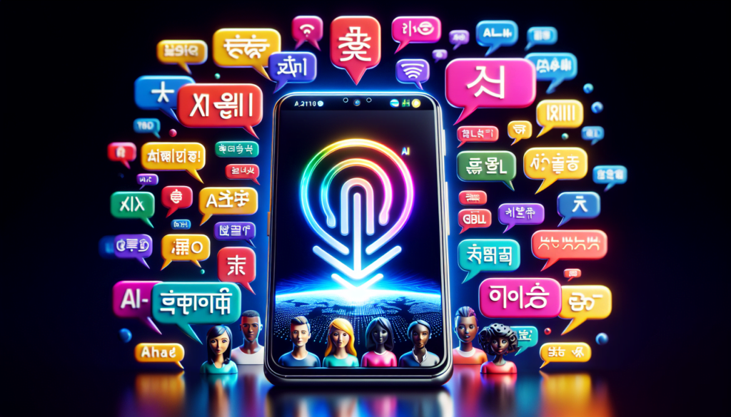 Smartphone with neon social media icons and diverse avatars.