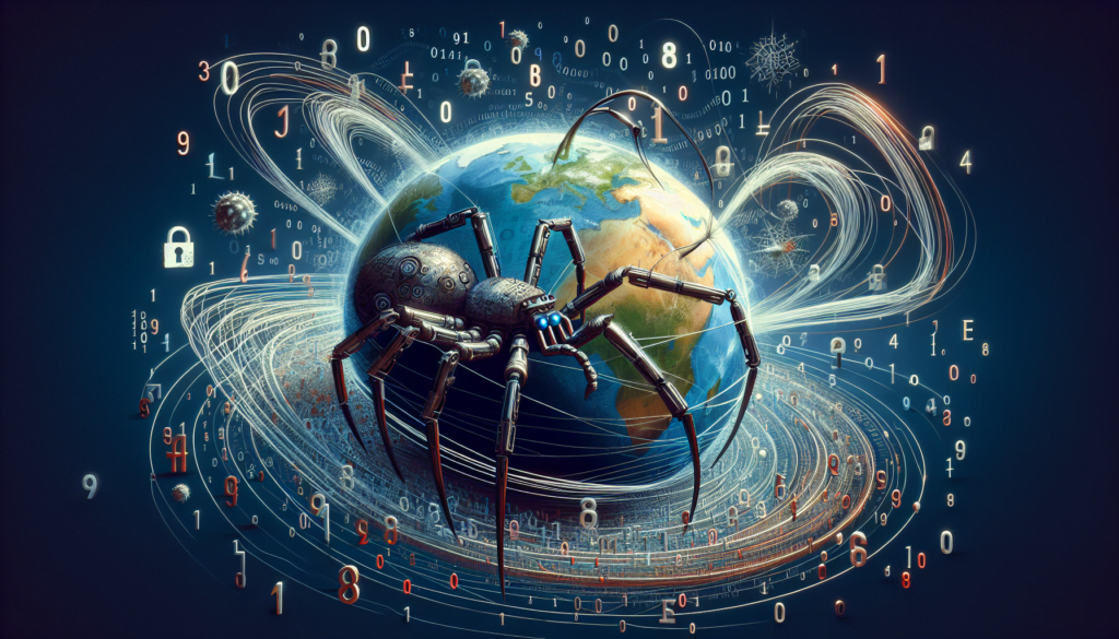Digital spider robot encompassing Earth with data streams.