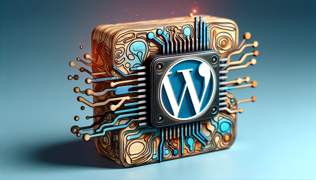Stylized WordPress logo with circuitry design on blue background.