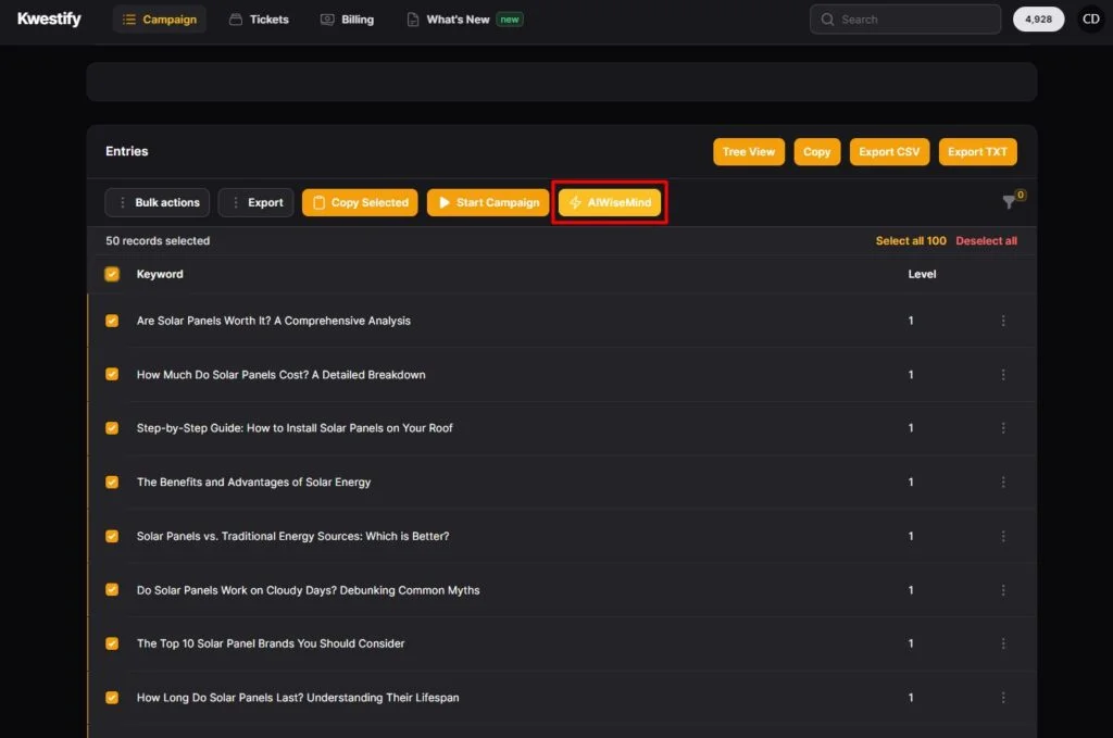 Digital marketing dashboard with solar energy campaign keywords.