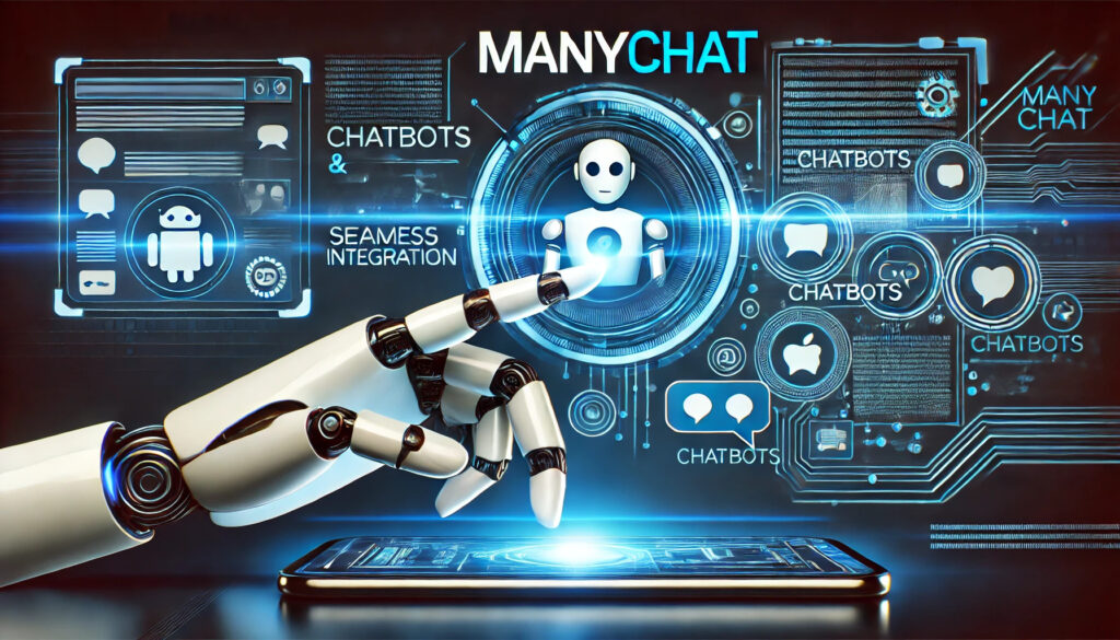 Robotic hand interacting with a digital interface, featuring chatbots and seamless integration, with 'ManyChat' prominently displayed in a modern, tech-inspired font.