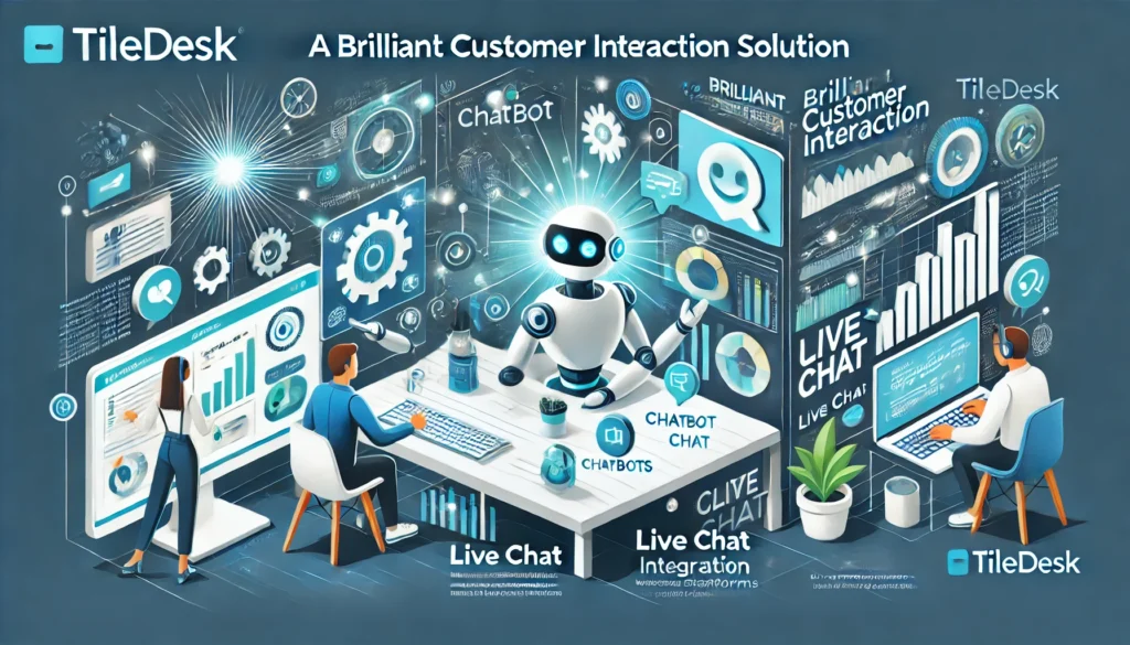 Professional and engaging image highlighting Tiledesk's capabilities as a customer interaction solution, featuring chatbots, live chat, and platform integration.