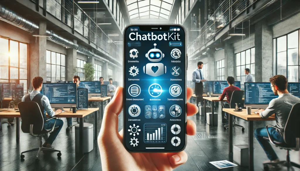 A hand holding a smartphone displaying a chatbot application interface, with a modern, open-plan office in the background where people are working at desks with computers.