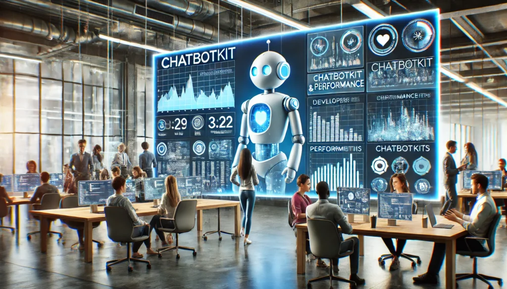 A modern office with numerous people working on computers, a large digital screen displaying chatbot analytics and data, and a large robot hologram in the center.