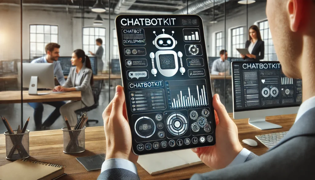 Person holding a tablet displaying chatbot development software in a modern office with colleagues working in the background.