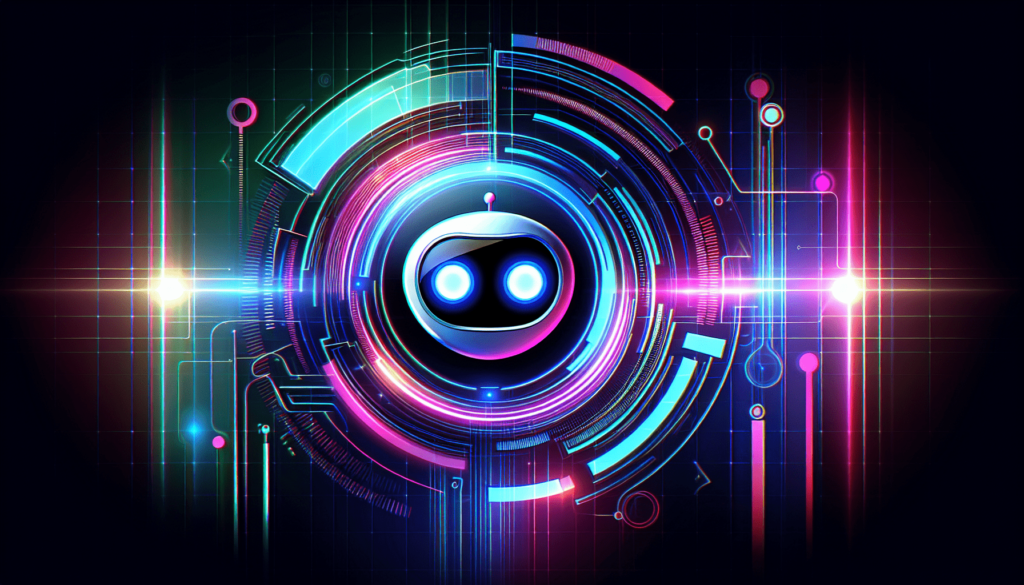 Futuristic digital illustration of a robot with glowing blue eyes, surrounded by a vibrant circular interface and neon lights.