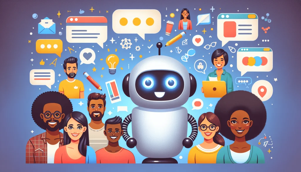 Illustration of diverse group of people and a smiling robot surrounded by various digital communication icons and tools.