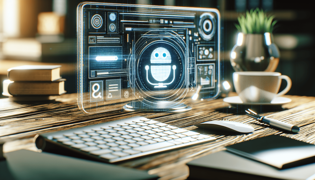 A desk with a keyboard, mouse, pen, notebook, books, coffee cup, and a small plant. A computer display shows a digital interface with a smiling robot face, symbolizing artificial intelligence or virtual assistant.