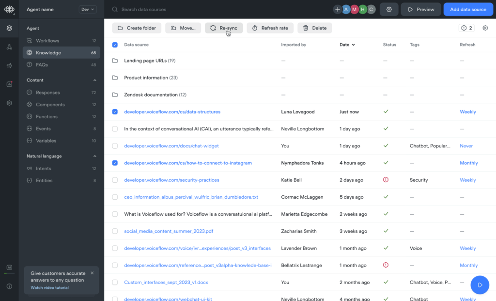 Interface of a knowledge management system displaying a list of data sources with options to create folders, move items, re-sync, refresh, and delete.