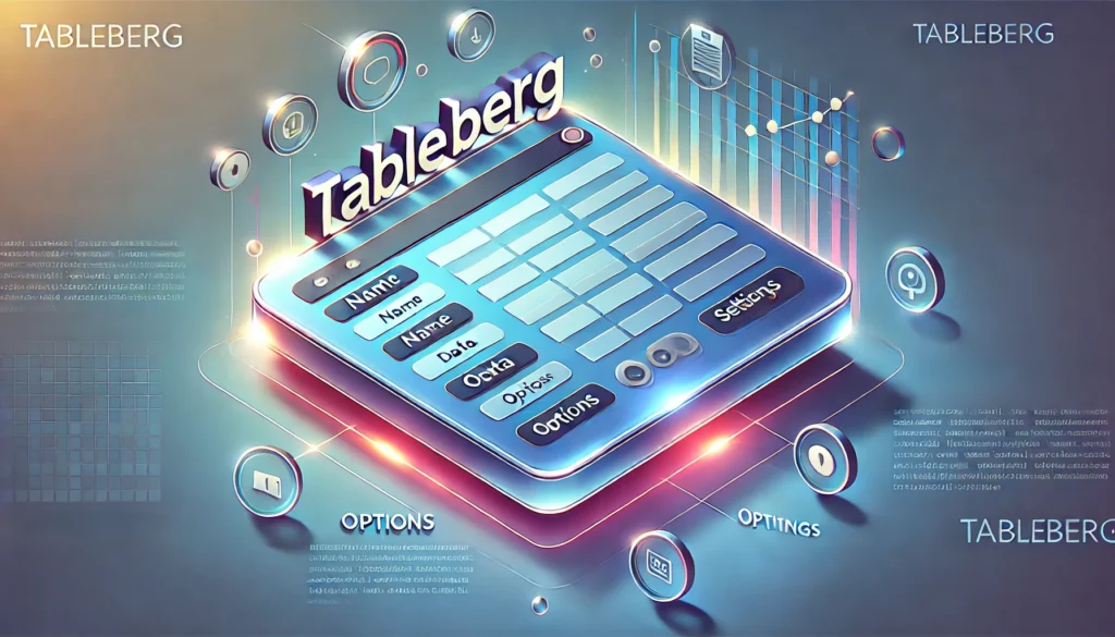 3D illustration of a digital table interface labeled "Tableberg" with data fields and buttons for options and settings, surrounded by floating icons and graphs.