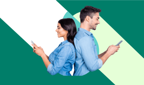 Two people standing back-to-back using smartphones against a green and white geometric background.