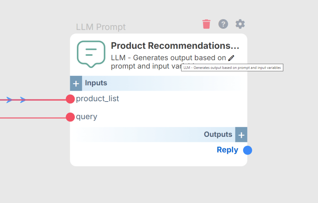 LLM prompt block with inputs for "product_list" and "query" and an output labeled "Reply".