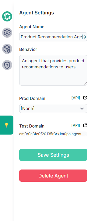 Agent Settings interface showing options to configure the agent's name, behavior, and domain settings, with buttons to save settings or delete the agent.