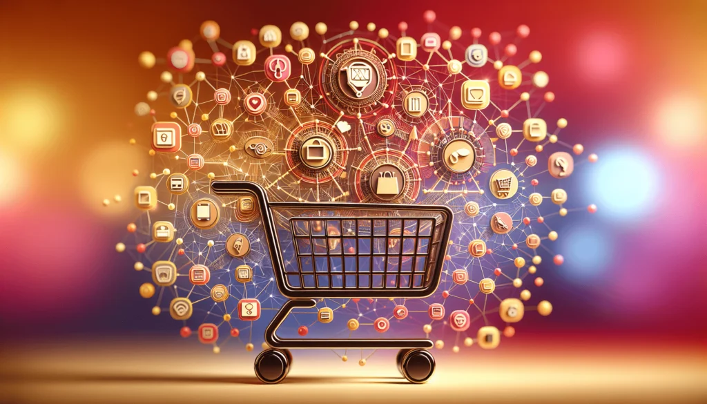 Shopping cart surrounded by various interconnected shopping and digital commerce icons. For SmythOS