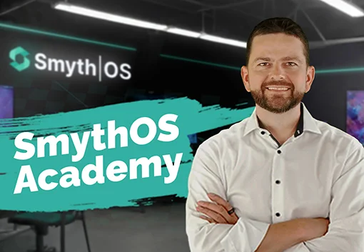 Man smiling with arms crossed in front of a "SmythOS Academy" sign.