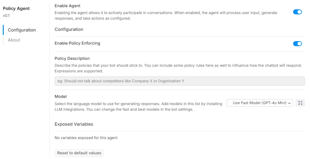 "Screenshot of a Policy Agent configuration page displaying settings for enabling the agent, enforcing policy, policy description, model selection, and exposed variables, with options toggled on."