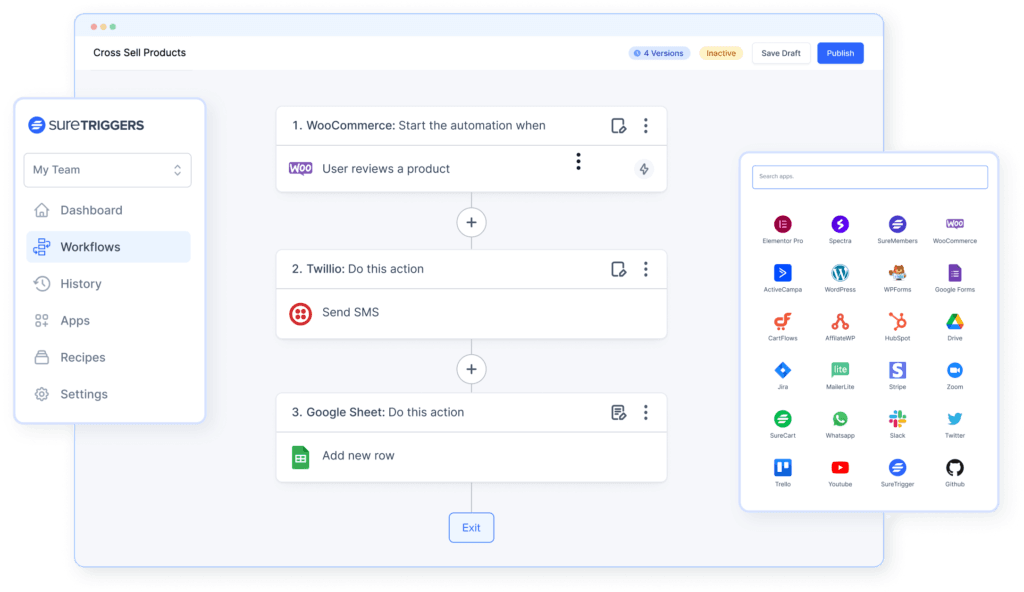 User interface of a workflow automation tool displaying a sequence with WooCommerce, Twilio, and Google Sheet actions. An app selection menu is visible on the side.