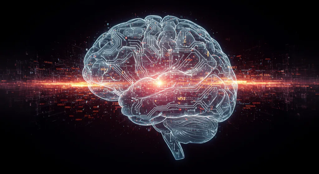 Digital brain with glowing red circuits and lights