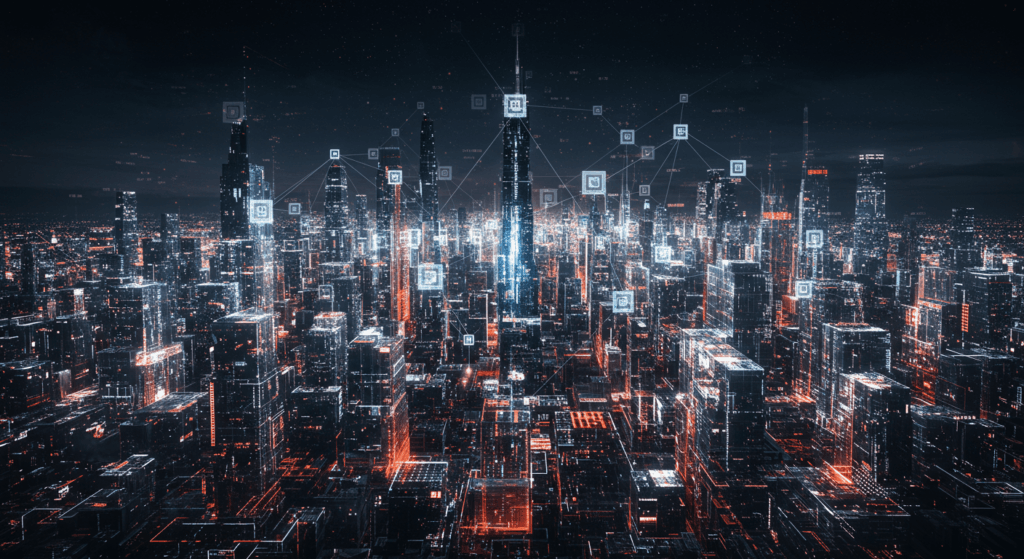 Futuristic cityscape with glowing digital networks