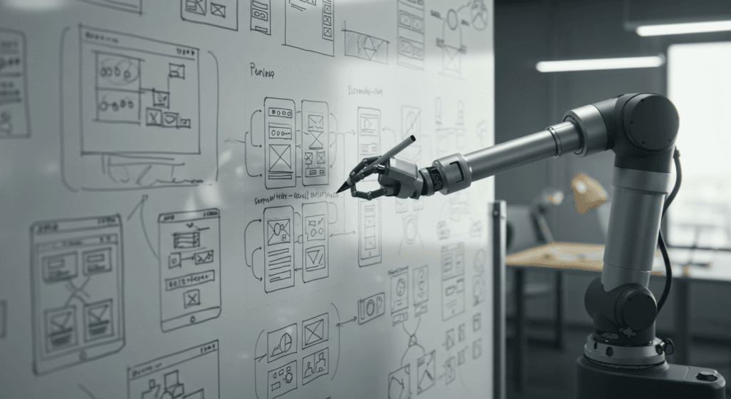 Robot arm sketching UI designs on whiteboard