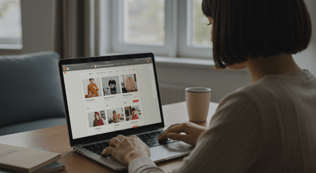 Woman browsing fashion website on laptop