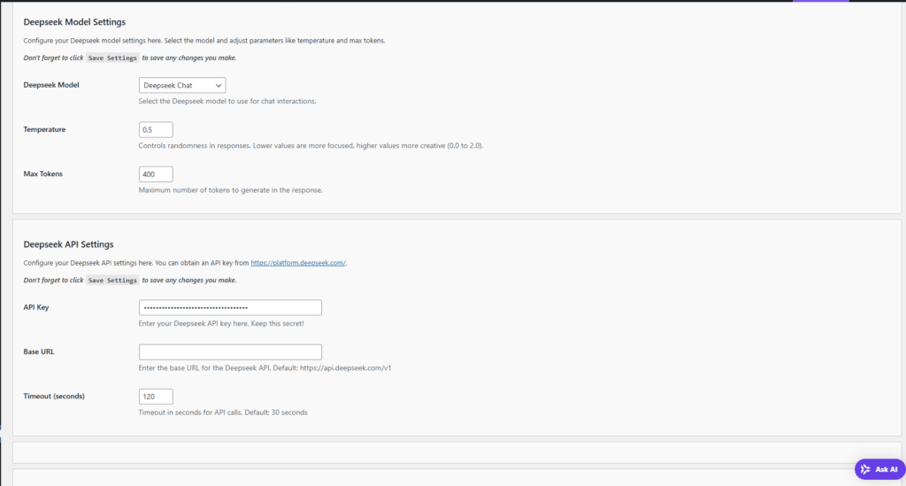 Screenshot of AI model configuration settings page